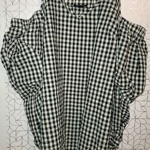 Black & White Gingham Cold-Shoulder Women's Top